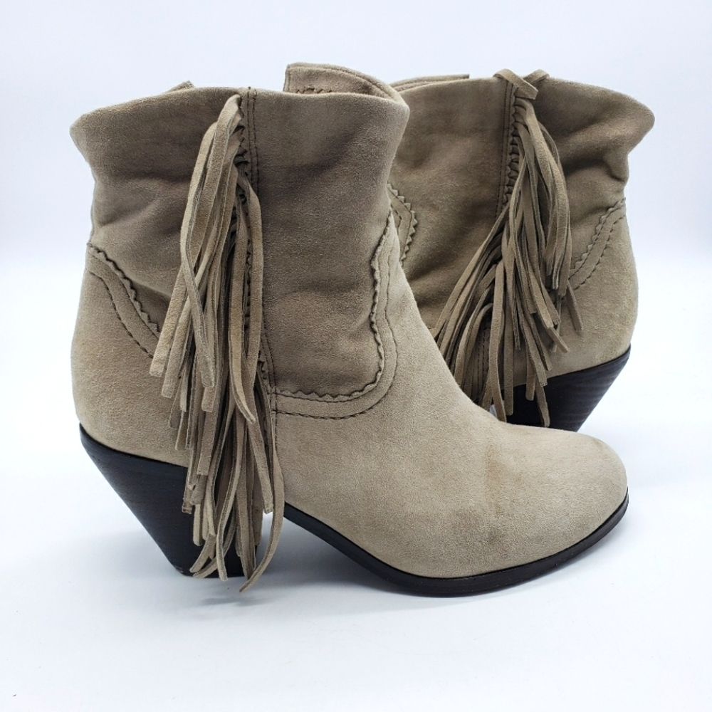 Sam Edelman Louie Women Us 7 Tan Leather Suede Ankle Bootie Fringe Side Zip